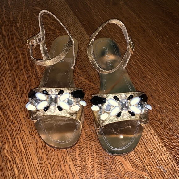 Prada Gold Leather Crystal Embellished Sandals - Picture 2 of 14